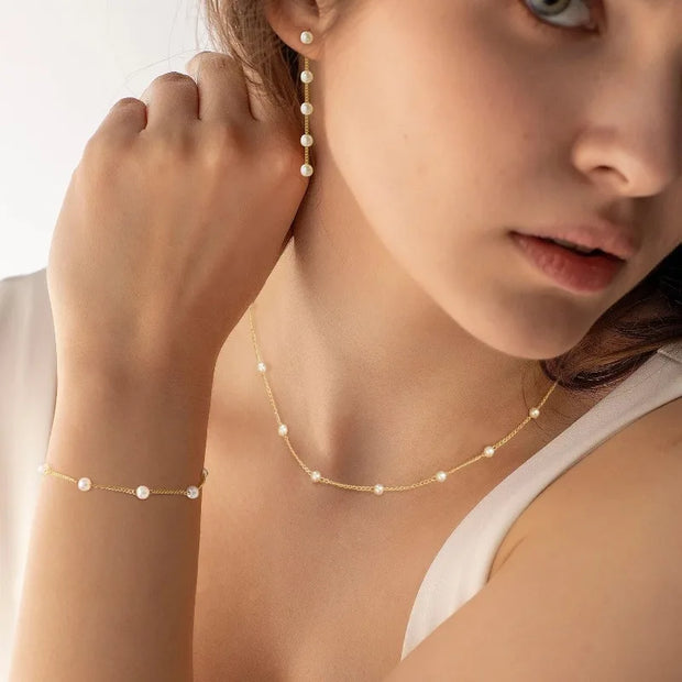 Dainty 14K Gold/Silver Plated Pearl Necklace and Earring Set with Drop Earrings Bracelets Necklace