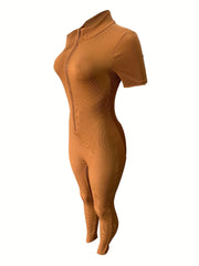 Curve-Hugging Zip-Front Casual Jumpsuit