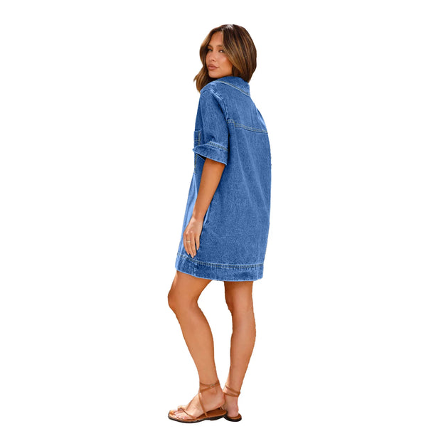 Fashion Denim Dress Casual V Neck Short Sleeve Loose Distressed Jean Dress 2024 Spring Summer Street Style Dresses Female