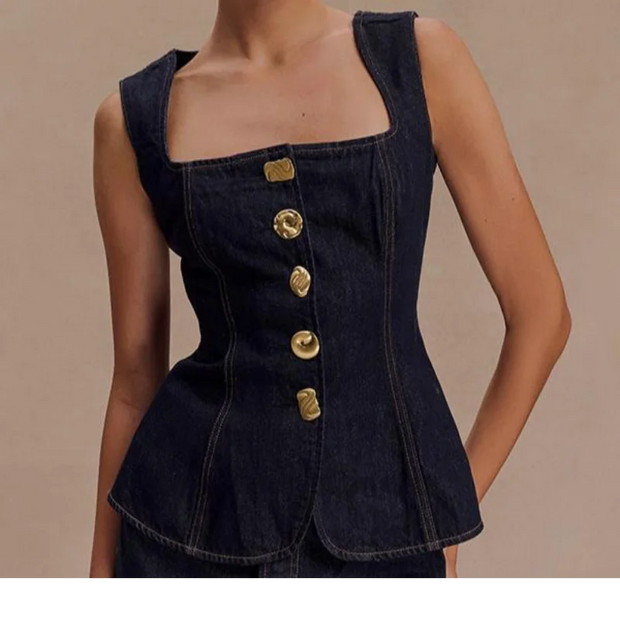 Women Vintage Denim Top Pant Set Square Collar Single Breasted Tank High Waist Jeans Female Sets 2025 Fashion Y2k  Denim Outfits