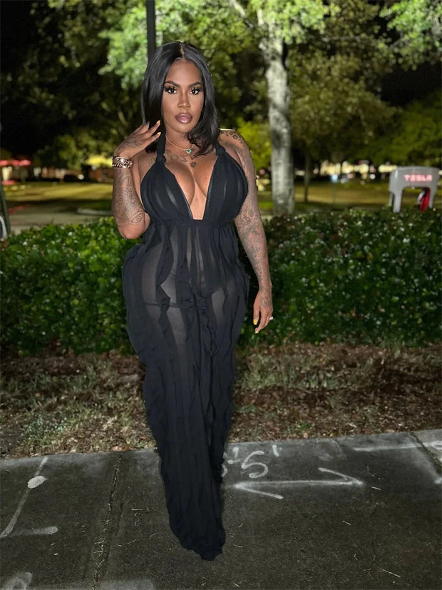 Plunge Neck Textured Maxi Jumpsuit
