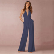 Jumpsuits Women Sexy Playsuits Deep V-neck Sleeveless Halter Neck Backless High Waist Wide Leg Jumpsuit Elegant Party Banquet