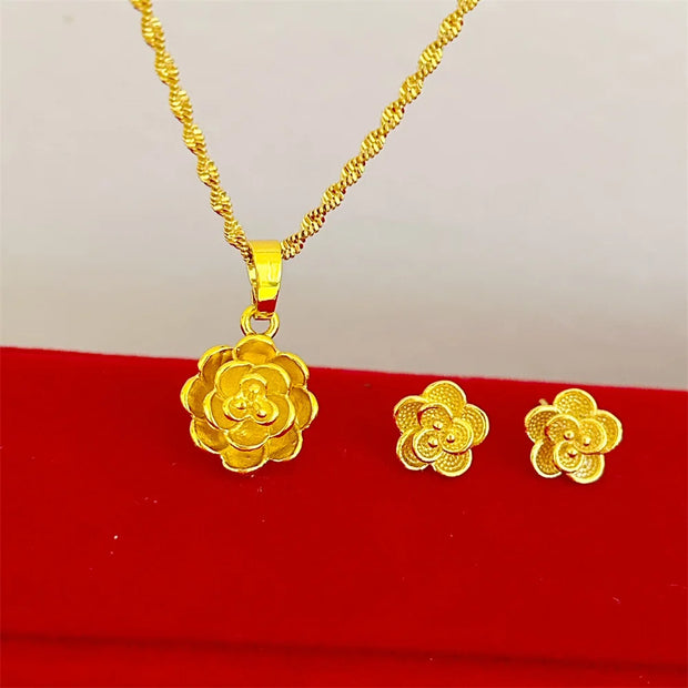 Gold Color Jewelry Sets for Women Cute Flower Stud Earrings Necklace 2pcs