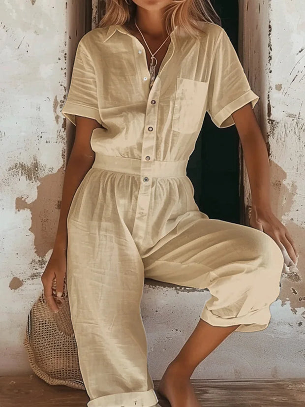 Women's Jumpsuit Summer Fashion European And American Women's Casual Short Sleeved Solid Color Button Up Shirt Loose Jumpsuit
