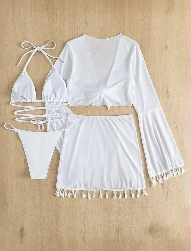 Tassel Tie Bikini Set with Cover-Up