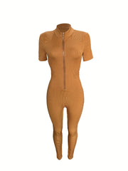 Curve-Hugging Zip-Front Casual Jumpsuit