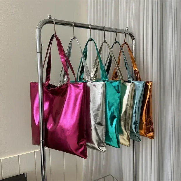 Shiny Metallic Leather Tote  Bag