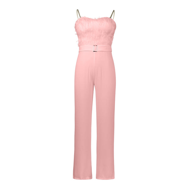 Women Jumpsuit Feather Tube Top Sexy Evening Party Jump Suits Sleeveless High-waisted Straight Playsuits Night Clubwear Overalls