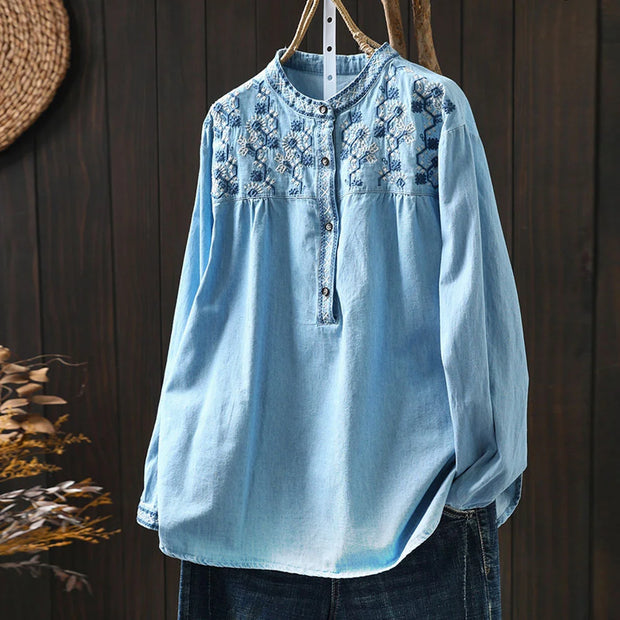 Elegant blouses for women 2025 summer ethnic long sleeve embroidery denim shirts and blouses jean shirts Y2K vintage top