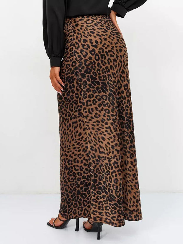 Vintage Leopard Print Satin High-Waist Skirt