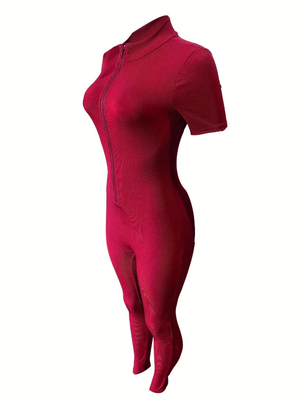 Curve-Hugging Zip-Front Casual Jumpsuit