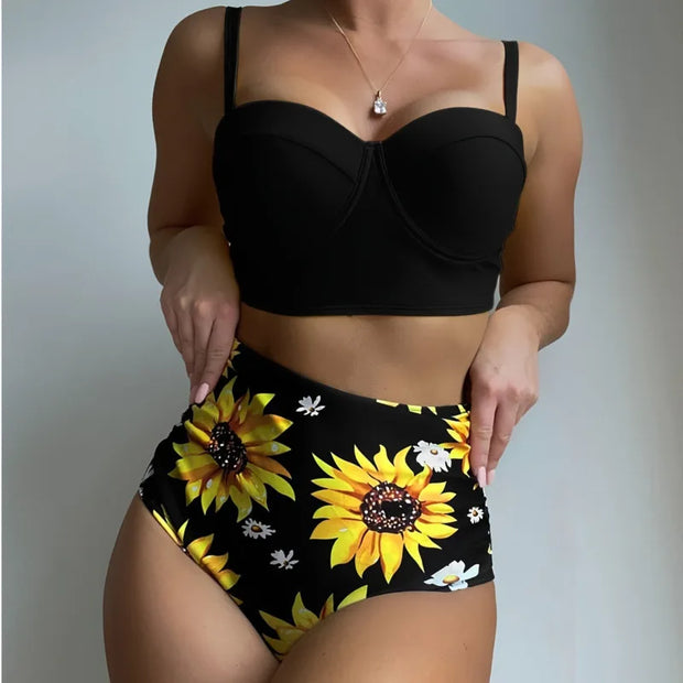 Sunflower Print High-Waist Bikini Set