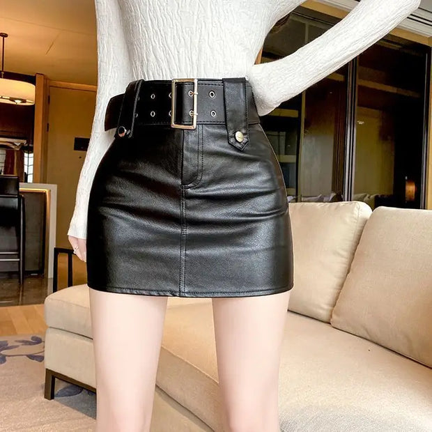 High-Waist Faux Leather Mini Skirt with Belt