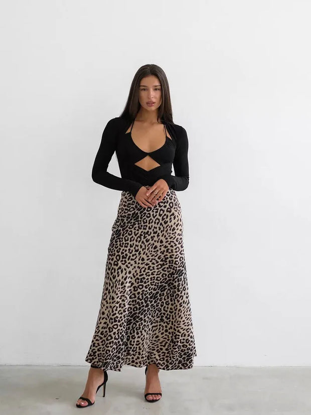 Vintage Leopard Print Satin High-Waist Skirt