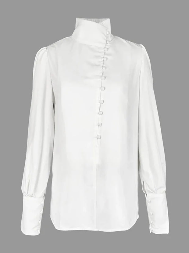 Chic High-Neck Satin Blouse - Classic White