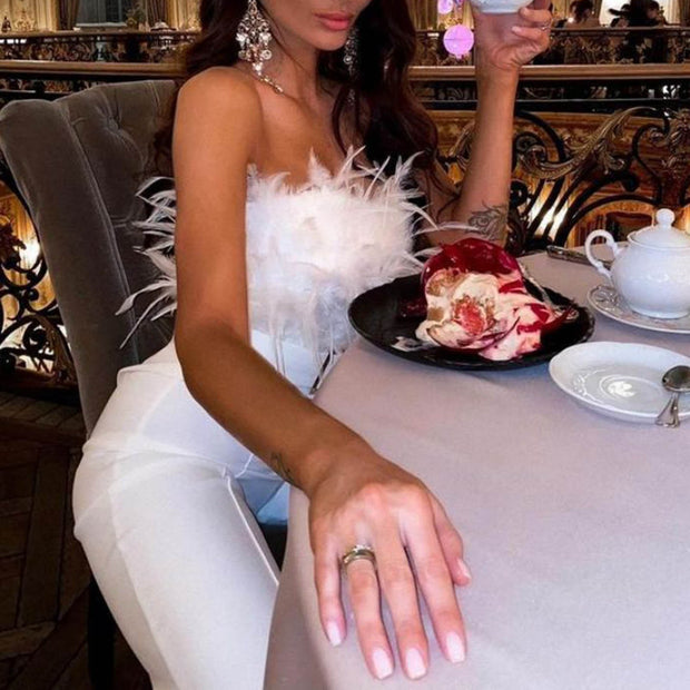 Women Jumpsuit Feather Tube Top Sexy Evening Party Jump Suits Sleeveless High-waisted Straight Playsuits Night Clubwear Overalls