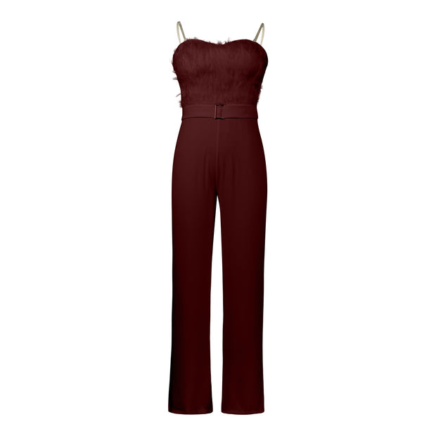 Women Jumpsuit Feather Tube Top Sexy Evening Party Jump Suits Sleeveless High-waisted Straight Playsuits Night Clubwear Overalls