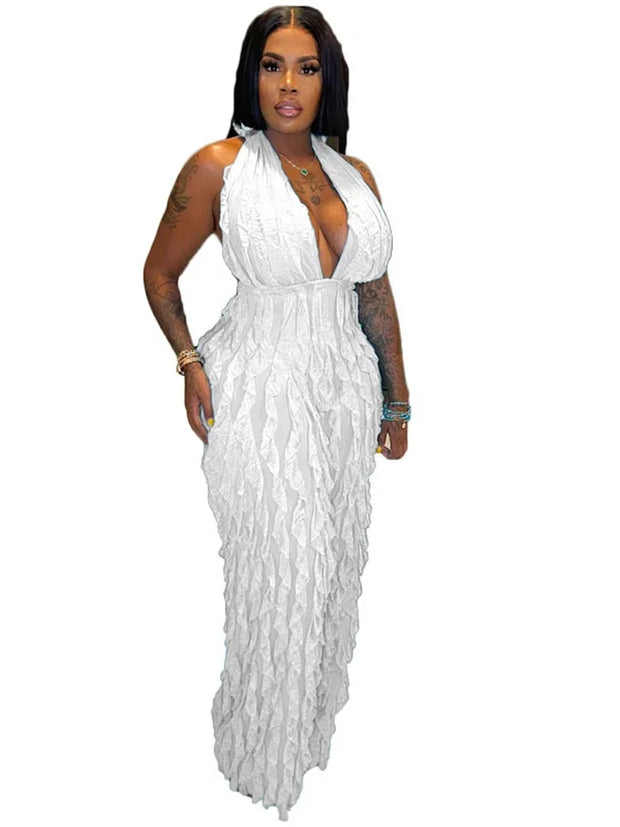Plunge Neck Textured Maxi Jumpsuit
