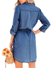 Fashion Women Casual Denim Dress Solid Color Long Sleeve Button-Down Lapel Short Dress with Belt Shirts Dress