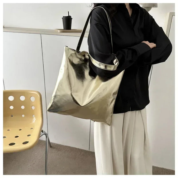 Shiny Metallic Leather Tote  Bag