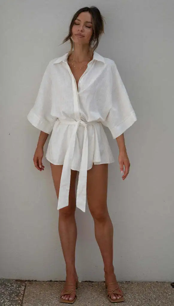 Women's Jumpsuit Spring/summer New Style With Collar Mid Sleeves Waist Strap Fashionable Loose Short Style Solid Color Jumpsuit