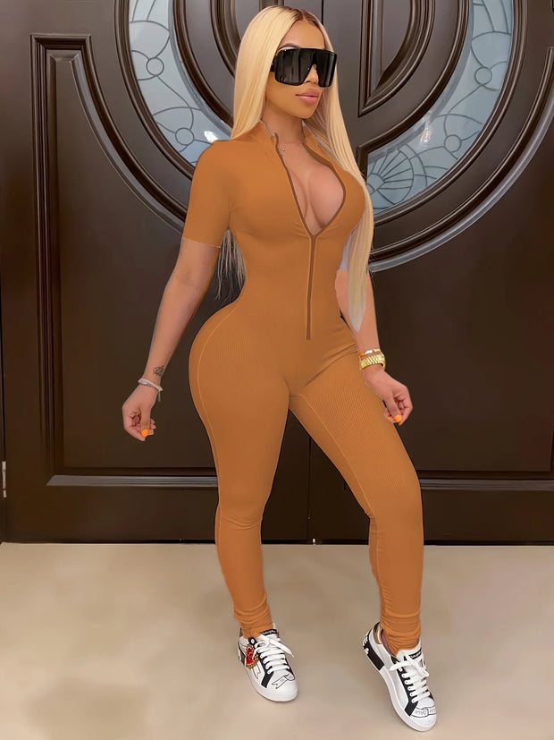 Curve-Hugging Zip-Front Casual Jumpsuit