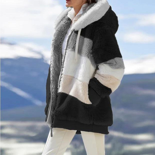 Colorblock Cozy Hooded Plush Jacket