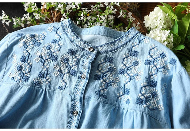 Elegant blouses for women 2025 summer ethnic long sleeve embroidery denim shirts and blouses jean shirts Y2K vintage top