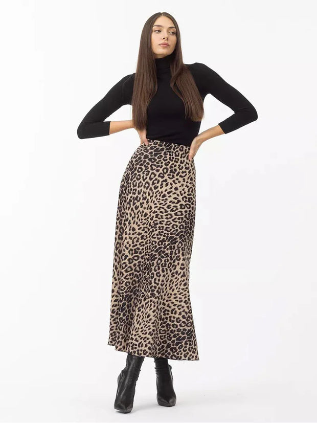 Vintage Leopard Print Satin High-Waist Skirt
