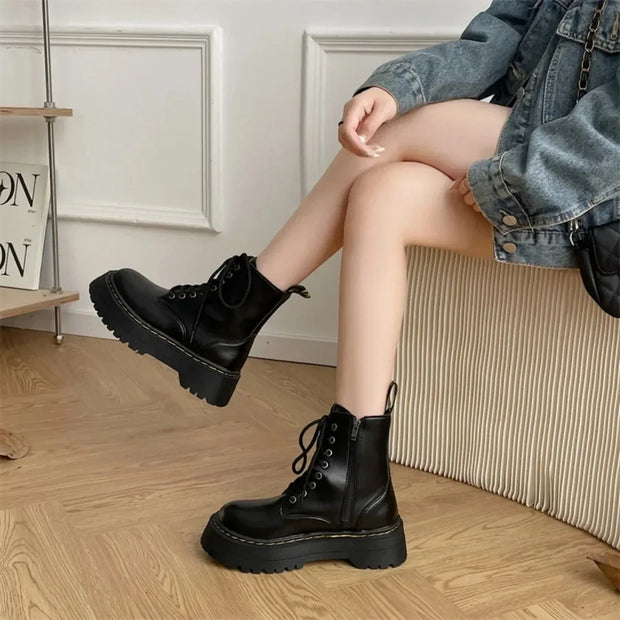 Women Boots Goth Casual Shoes Woman Leather Chelsea Classic Motorcycle Female Goth Shoes High Platform Boots Women Botas Mujer