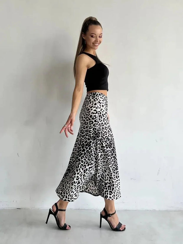 Vintage Leopard Print Satin High-Waist Skirt