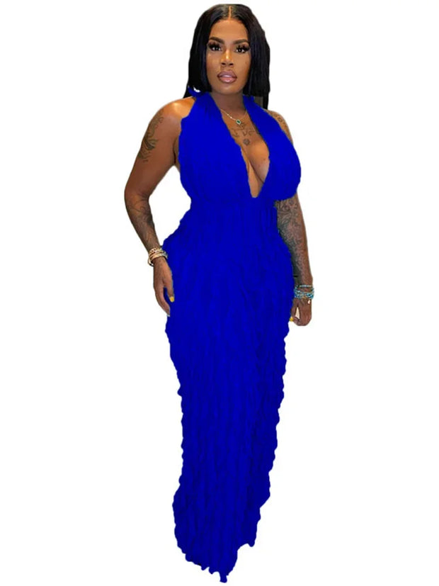 Plunge Neck Textured Maxi Jumpsuit