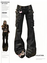 Grunge Japanese Fashion Chic Jeans Women Harajuku Gyaru Y2K Denim Slim Cargo Pants Cyber Punk Hip-pop 2000s Aesthetic Tomboy New