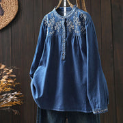 Elegant blouses for women 2025 summer ethnic long sleeve embroidery denim shirts and blouses jean shirts Y2K vintage top