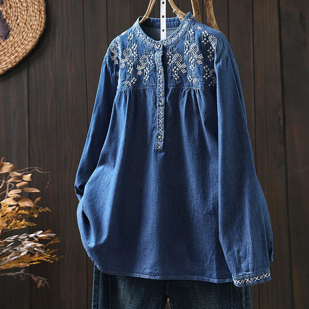 Elegant blouses for women 2025 summer ethnic long sleeve embroidery denim shirts and blouses jean shirts Y2K vintage top