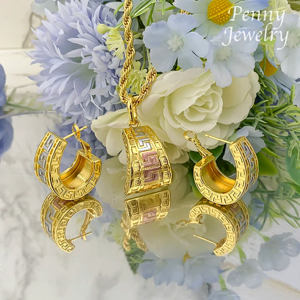Tri-Tone Gold Plated Jewelry Set - Pendant & Earrings