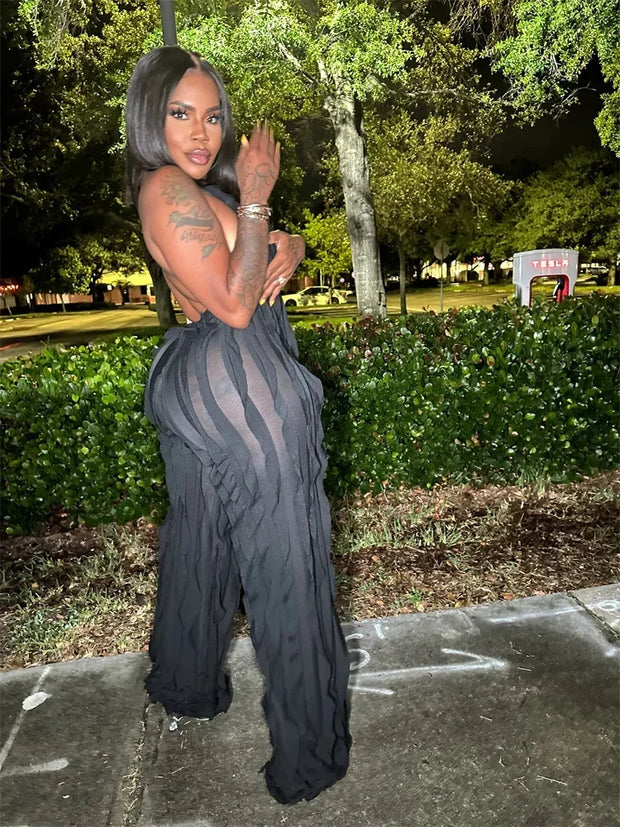 Plunge Neck Textured Maxi Jumpsuit