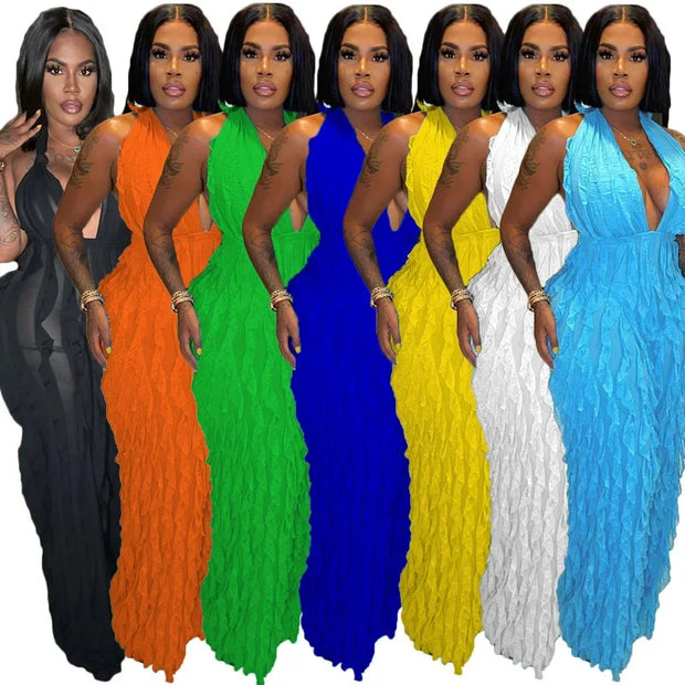 Plunge Neck Textured Maxi Jumpsuit