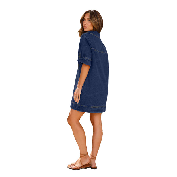 Fashion Denim Dress Casual V Neck Short Sleeve Loose Distressed Jean Dress 2024 Spring Summer Street Style Dresses Female