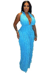 Plunge Neck Textured Maxi Jumpsuit