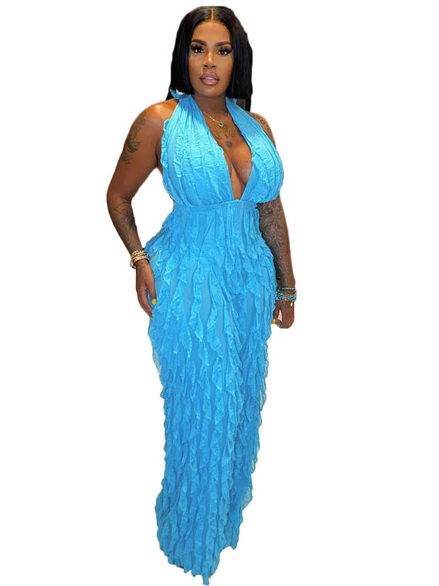 Plunge Neck Textured Maxi Jumpsuit