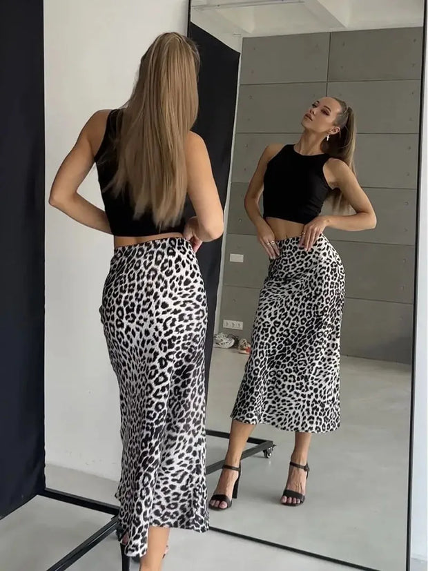Vintage Leopard Print Satin High-Waist Skirt