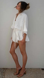 Women's Jumpsuit Spring/summer New Style With Collar Mid Sleeves Waist Strap Fashionable Loose Short Style Solid Color Jumpsuit