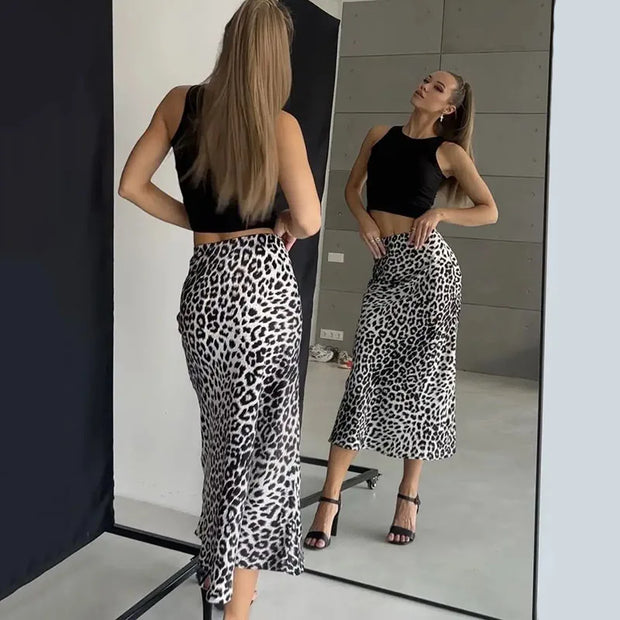 Vintage Leopard Print Satin High-Waist Skirt