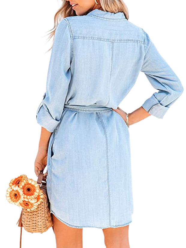 Fashion Women Casual Denim Dress Solid Color Long Sleeve Button-Down Lapel Short Dress with Belt Shirts Dress
