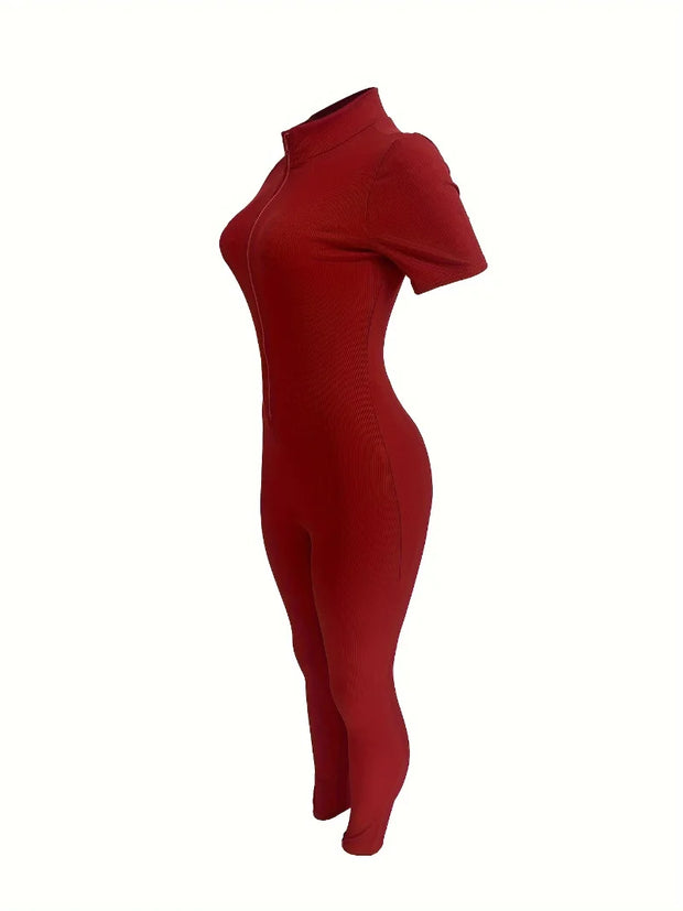 Curve-Hugging Zip-Front Casual Jumpsuit