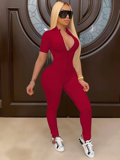 Curve-Hugging Zip-Front Casual Jumpsuit