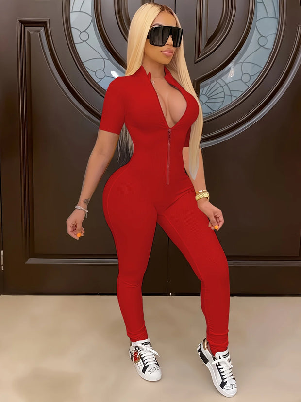 Curve-Hugging Zip-Front Casual Jumpsuit