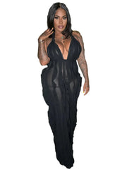 Plunge Neck Textured Maxi Jumpsuit