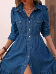 Fashion Ruffles Women Blue Denim Dress